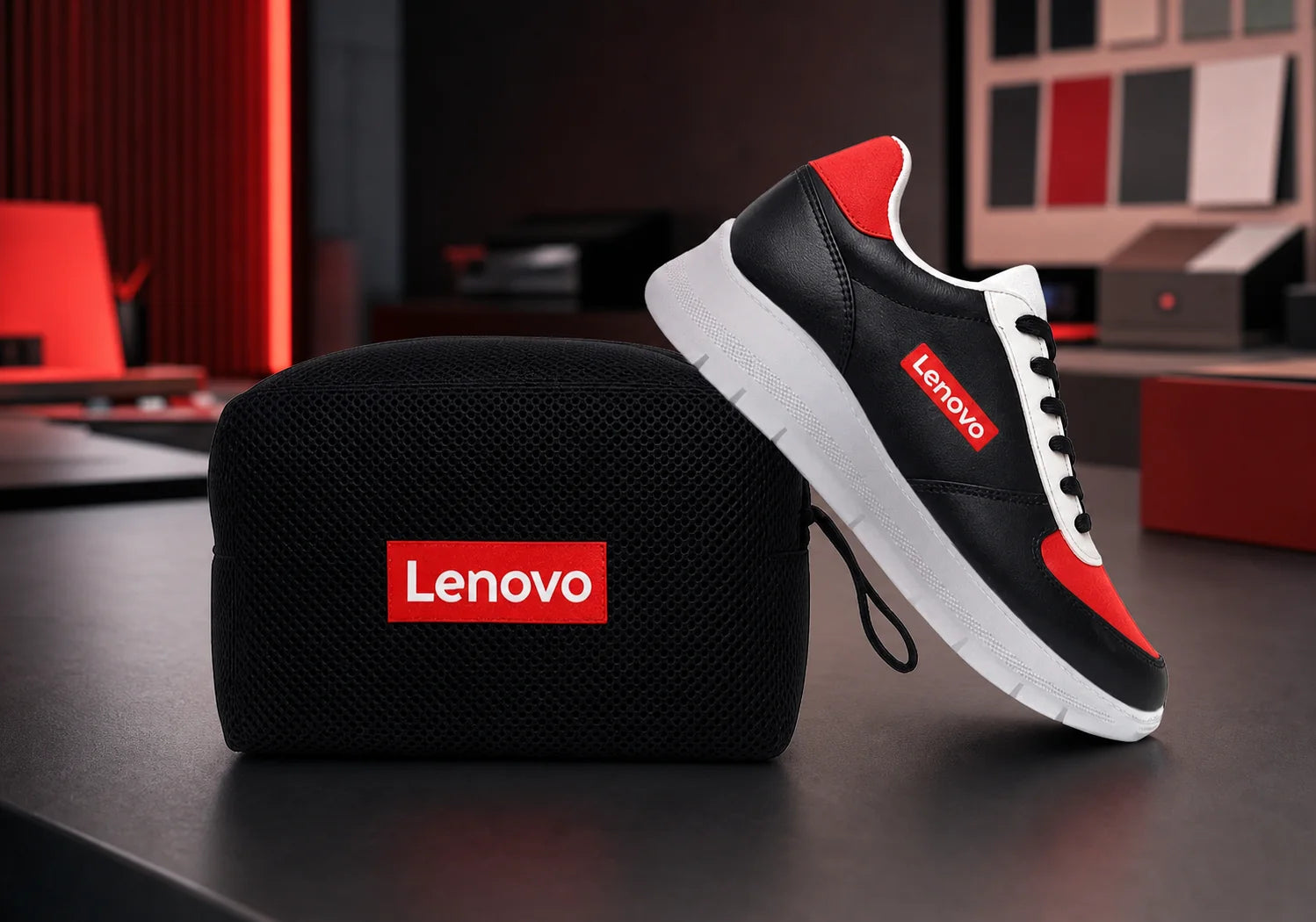 Branded custom Lenovo sneakers and merchandise displayed in a campaign studio