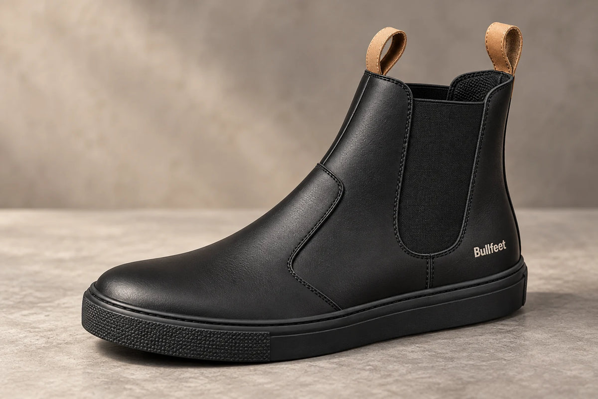 Bullfeet Moore custom black Chelsea boot with tan pull tabs