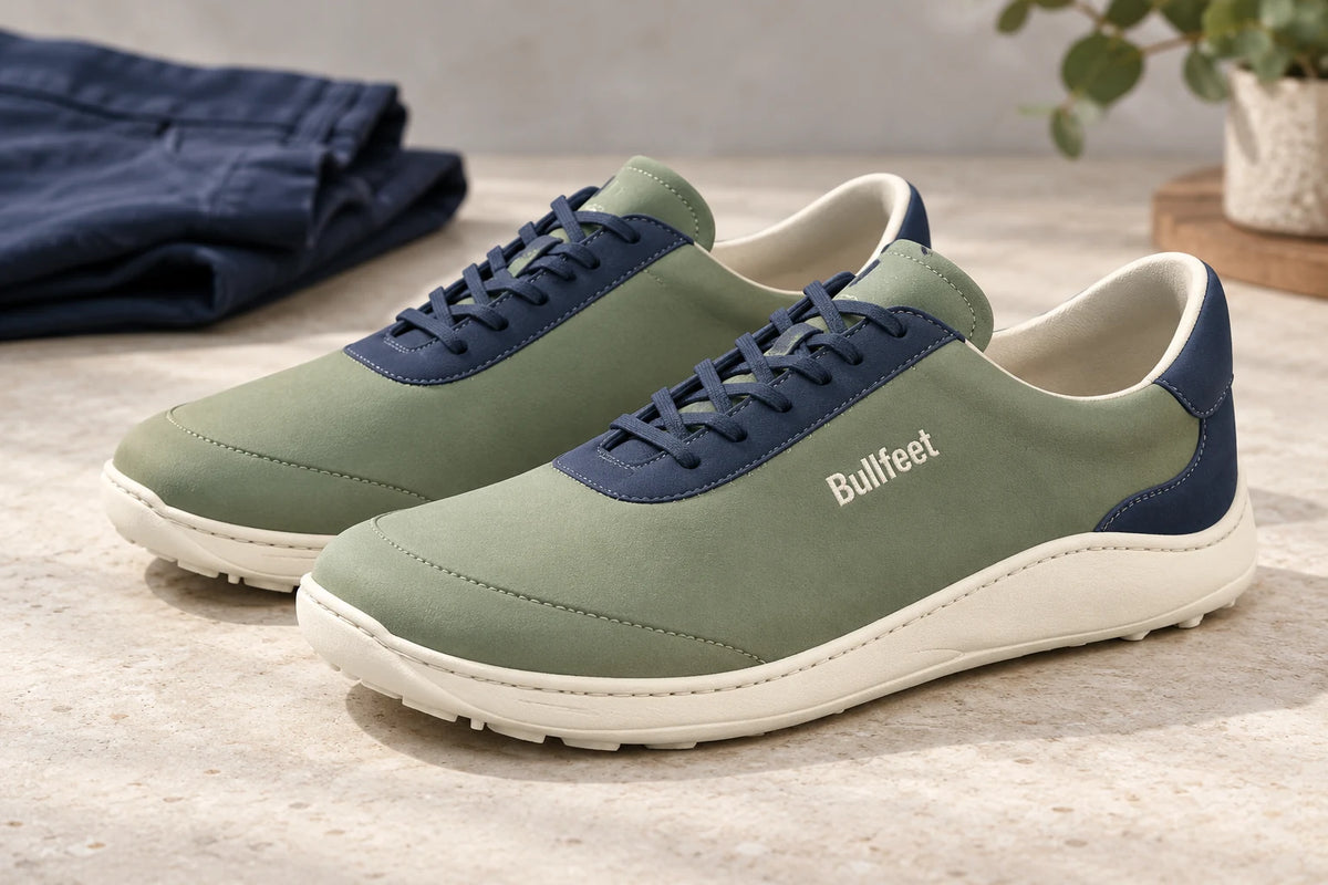 Bullfeet adult barefoot custom sneakers in sage and navy with a thin flat sole