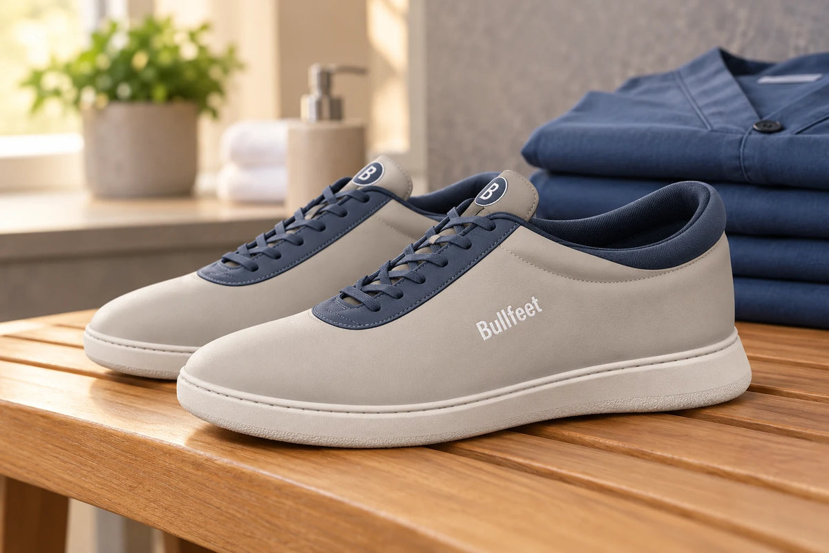 Bullfeet Kahlo custom sneakers in warm grey and navy with a folded uniform