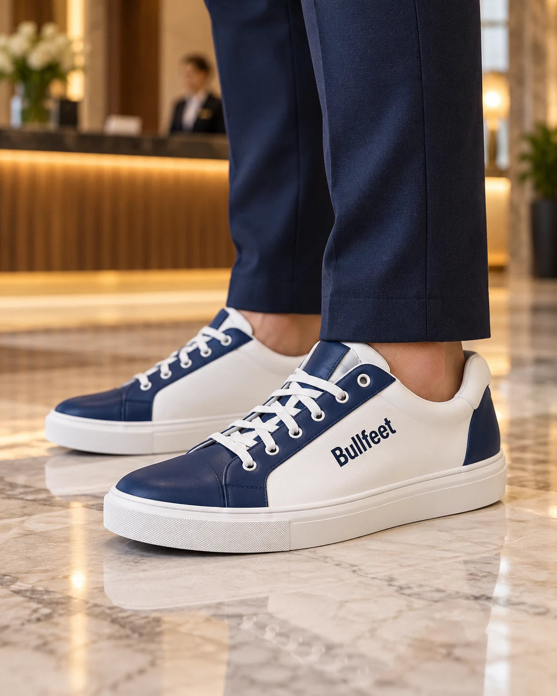 Bullfeet Rodin custom sneakers in white and navy for company uniforms