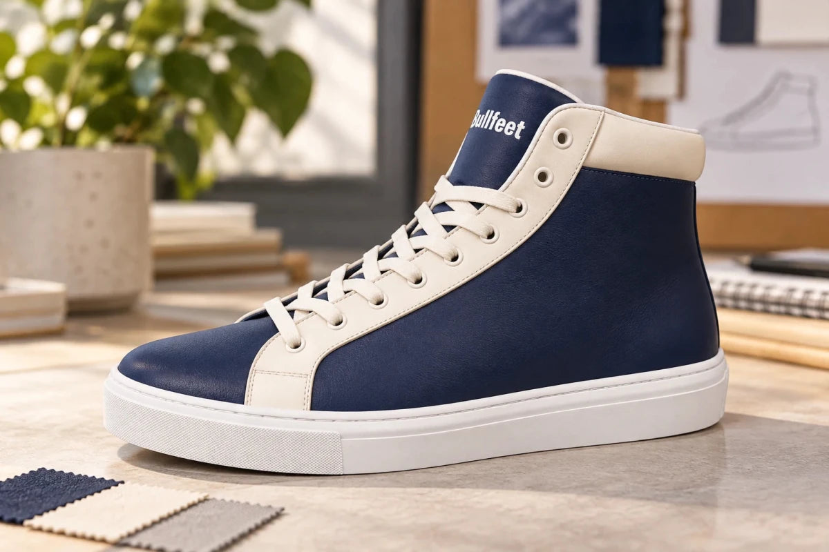 Bullfeet Eiffel custom high-top sneaker in navy and cream in a design studio