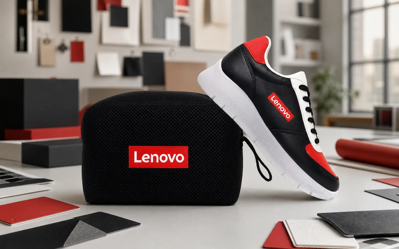 Branded Lenovo sneaker and pouch in a brand design studio