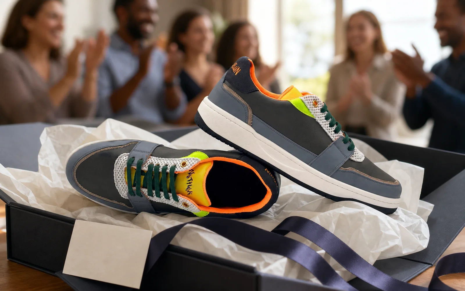 Pair of custom sneakers in a premium employee recognition gift box