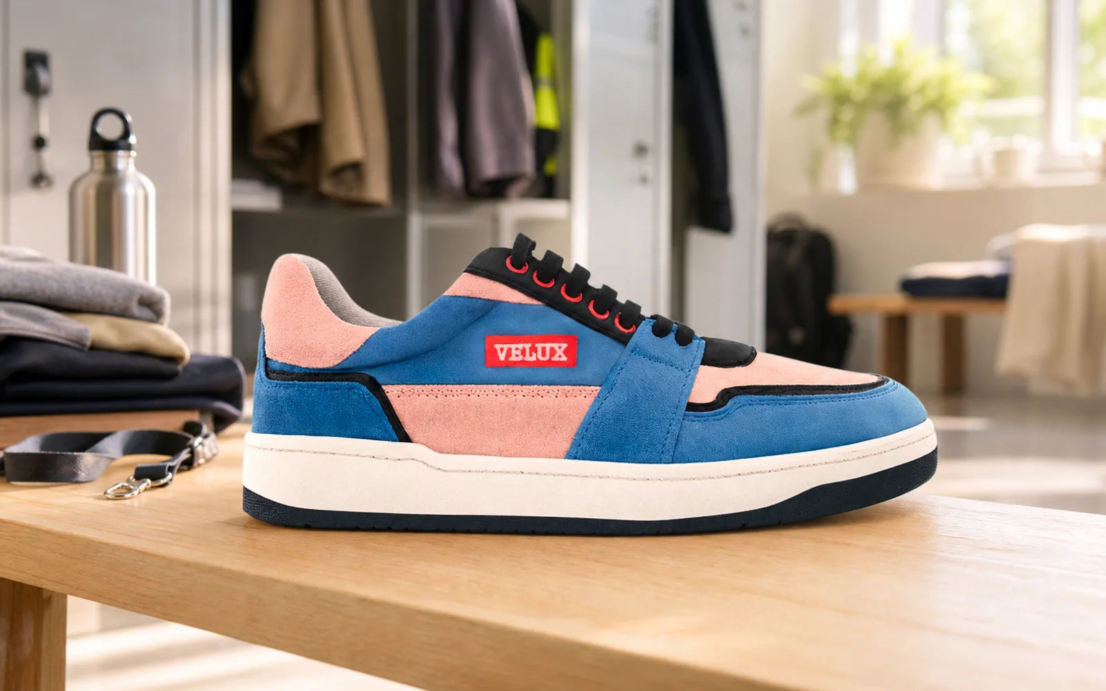 Custom Velux sneaker with everyday shift essentials in a staff changing area